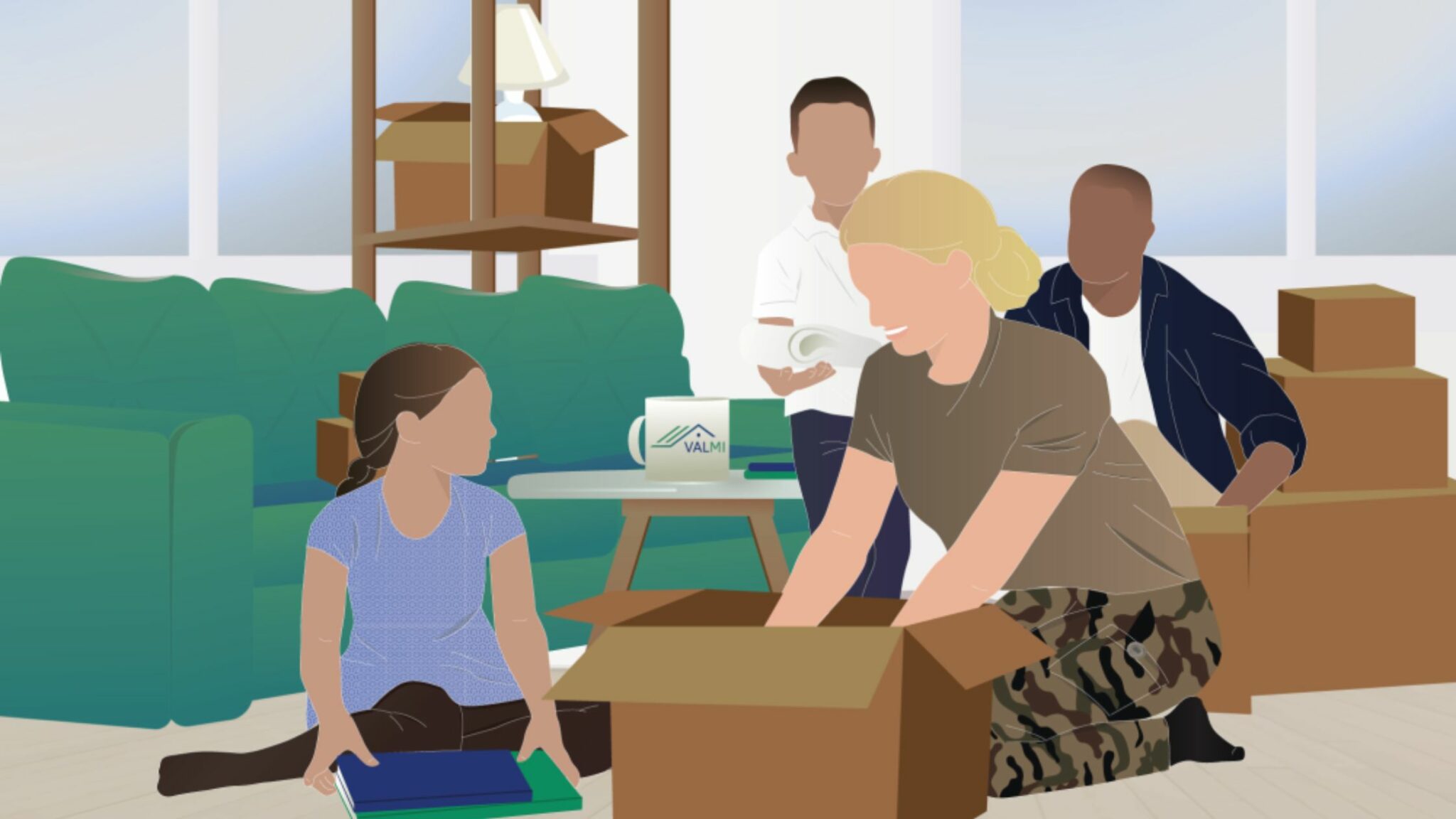 Une famille en train de préparer les cartons de déménagements