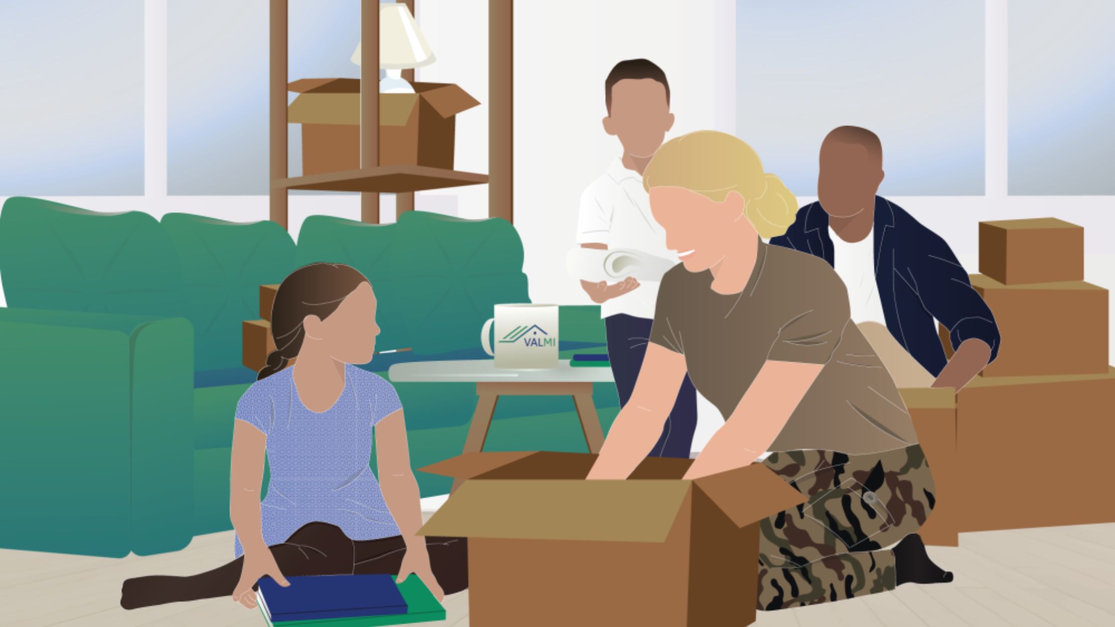 Une famille en train de préparer les cartons de déménagements