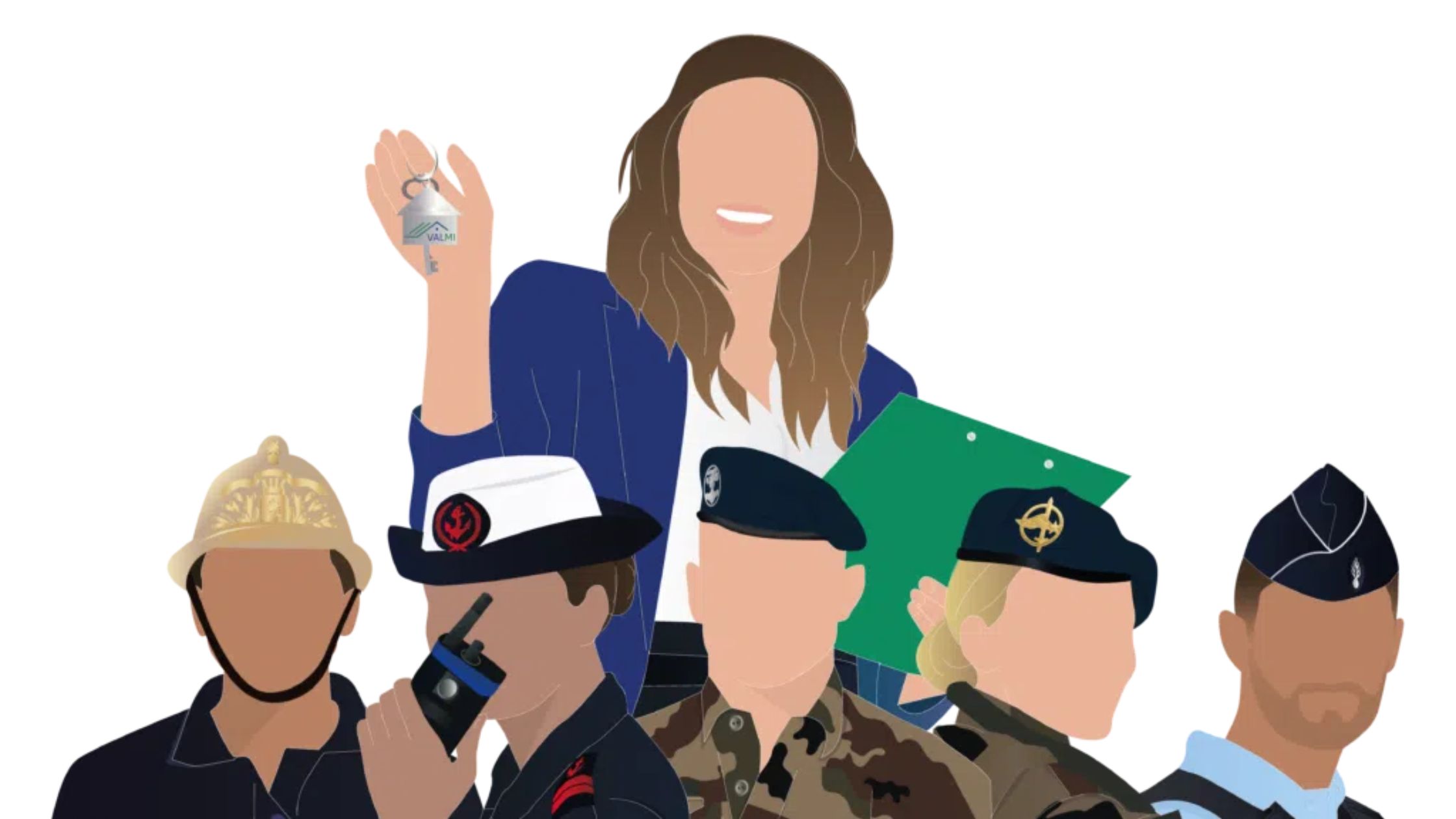 Illustration avec un membre de l'agence immobilière avec des militaires